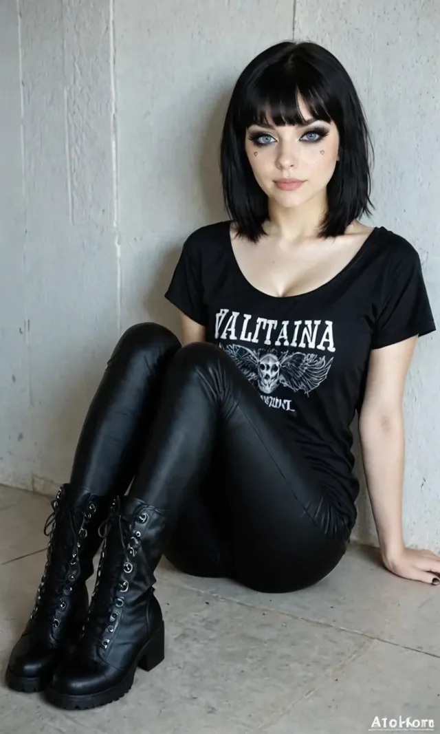 Black-haired character in a black T-shirt and boots seated by a wall