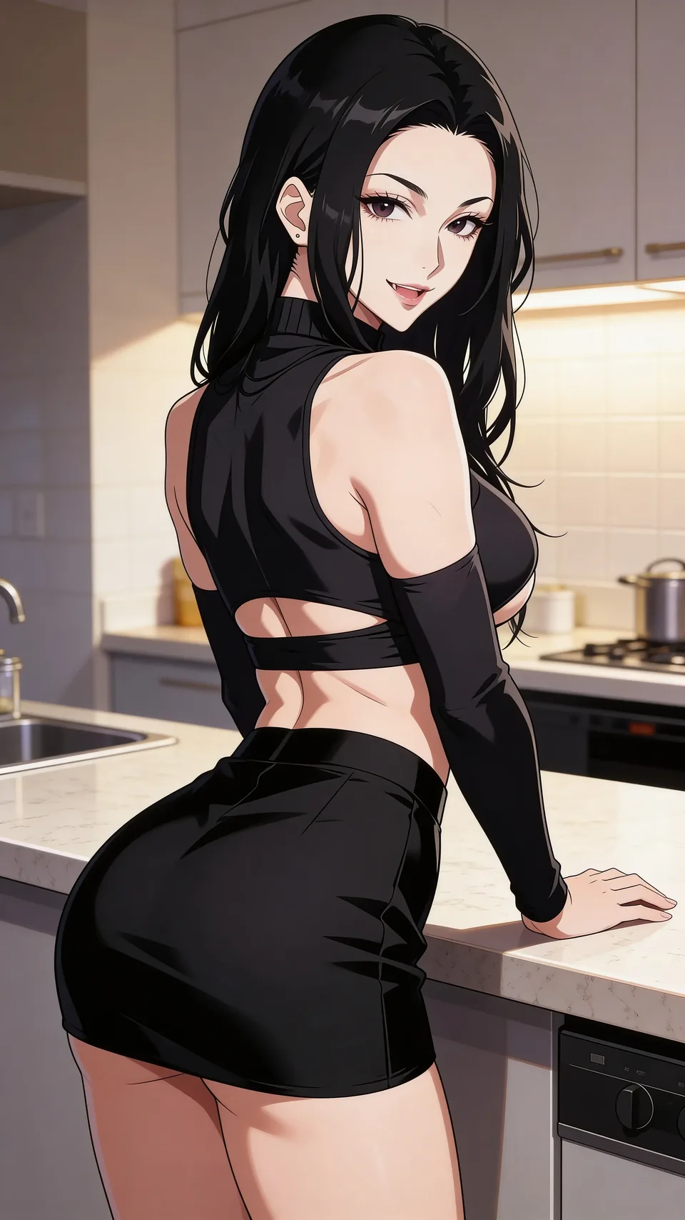 Black-haired illustrated adult character wearing a black dress
